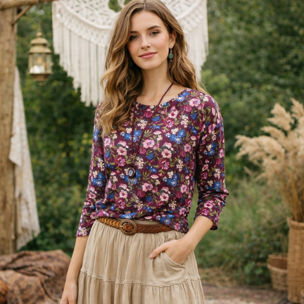 Lands’ End 100% Cotton Floral Print Top Burgundy Pink Blue Casual Boho 3/4 Sleev